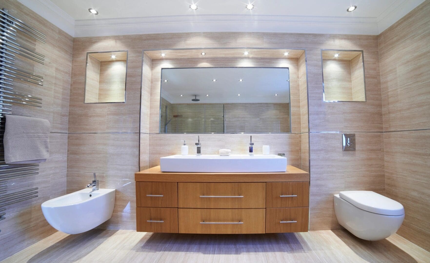 a bathroom with large mirror and a commode